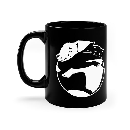 Dog & Cat Hugging Black Ceramic Mug 11oz