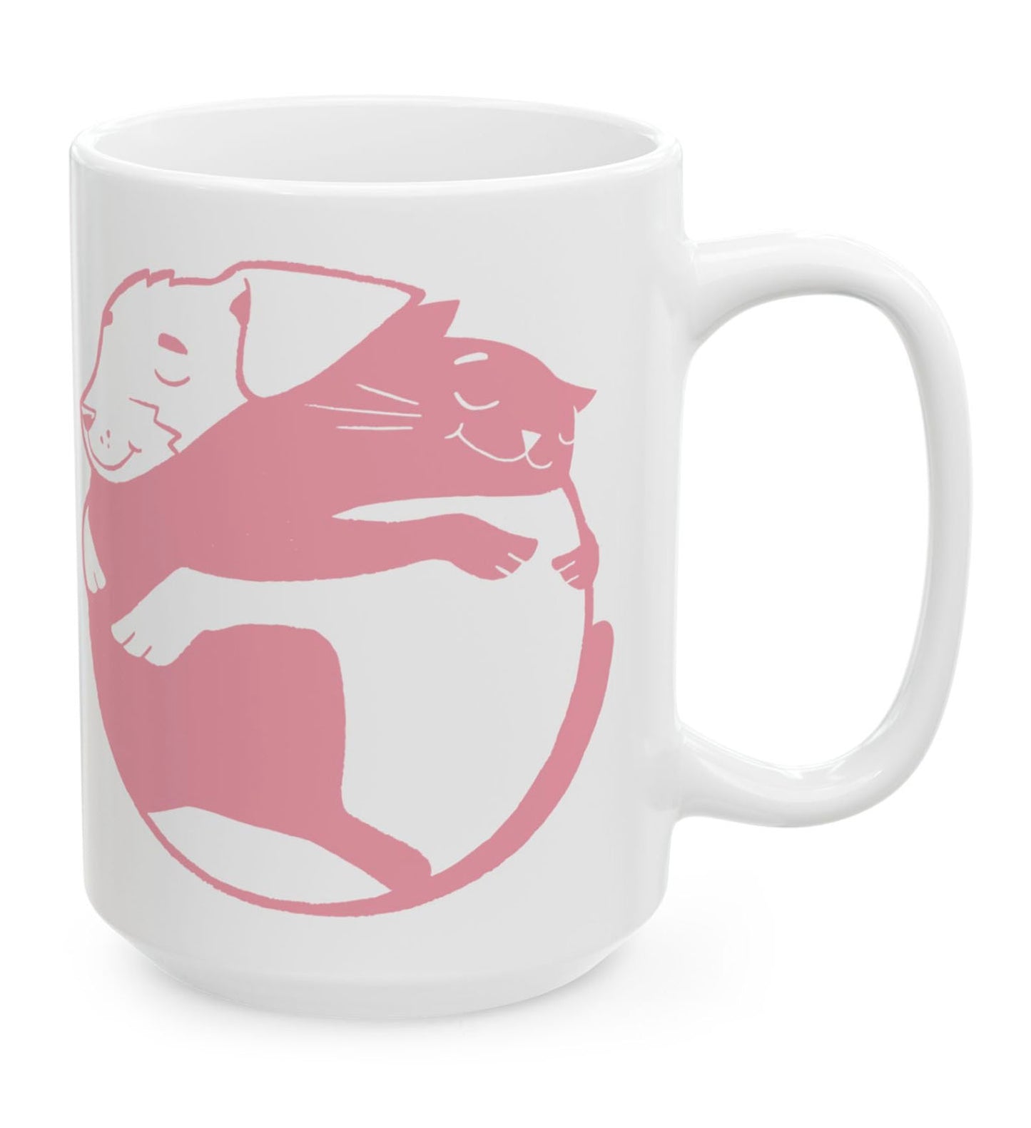 Pink Dog & Cat Hugging White Ceramic Mug 15oz