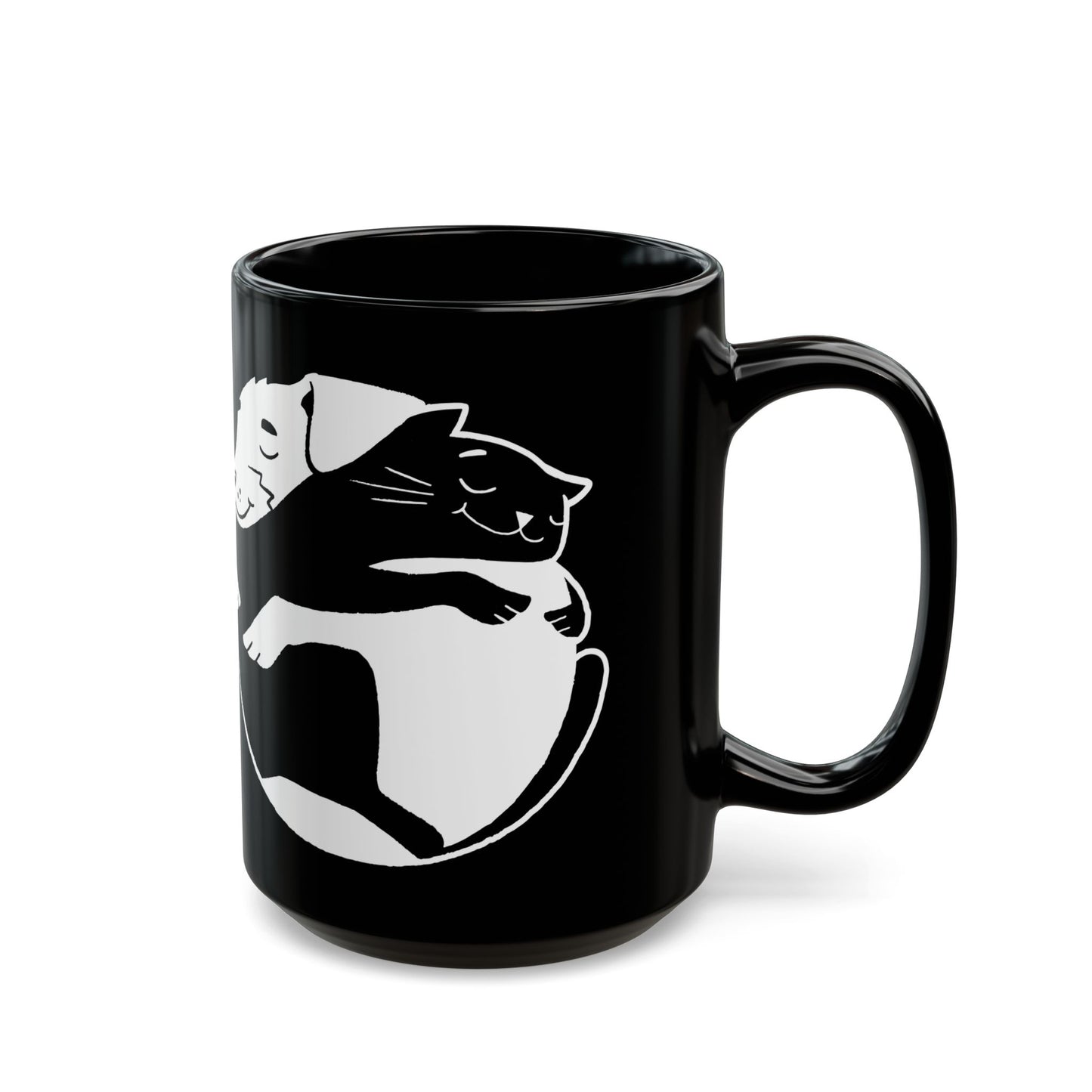Dog & Cat Hugging Black Ceramic Mug 15oz