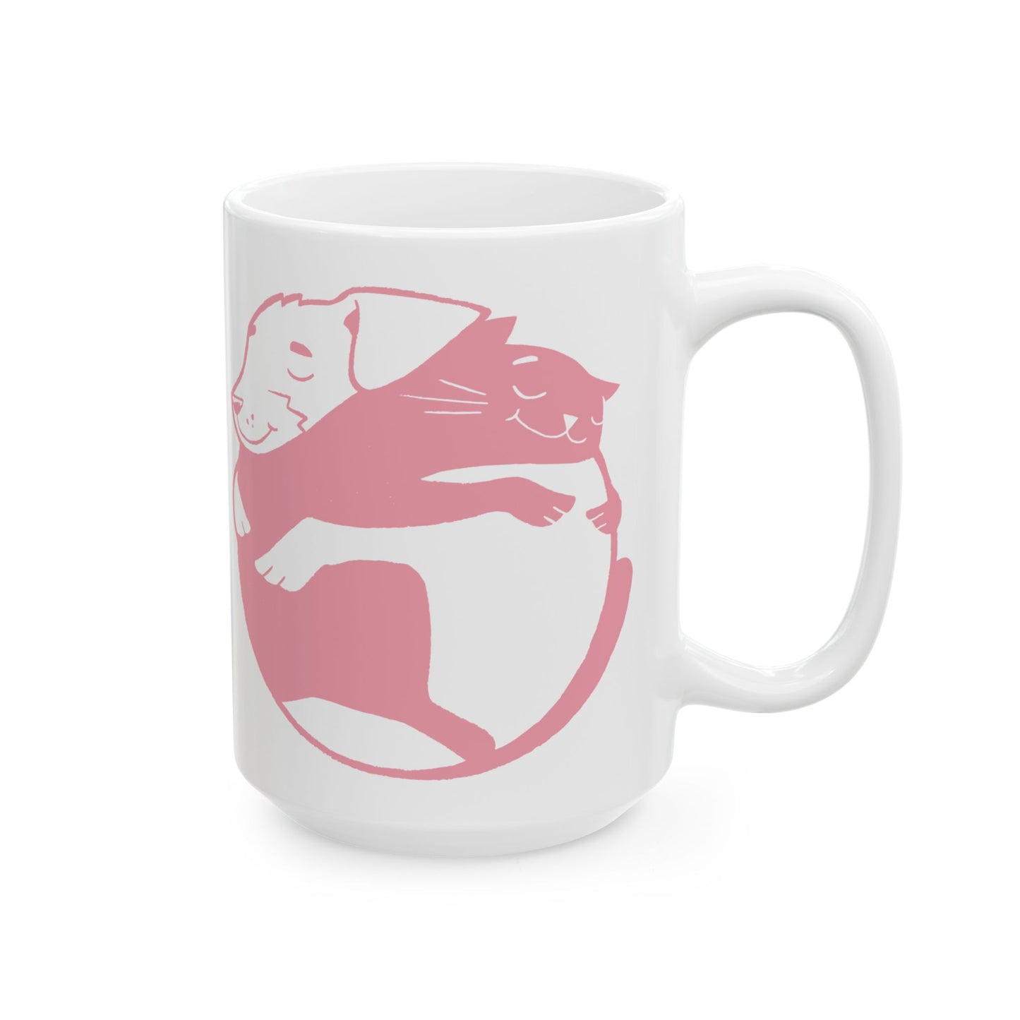 Pink Dog & Cat Hugging White Ceramic Mug 15oz