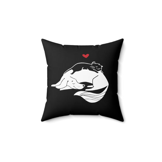 Cat & Dog Cuddling Spun Polyester Square Pillow
