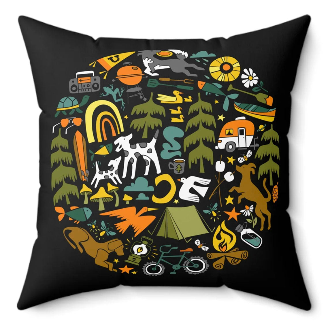 Camp Dogs on Black Spun Polyester Square Pillow