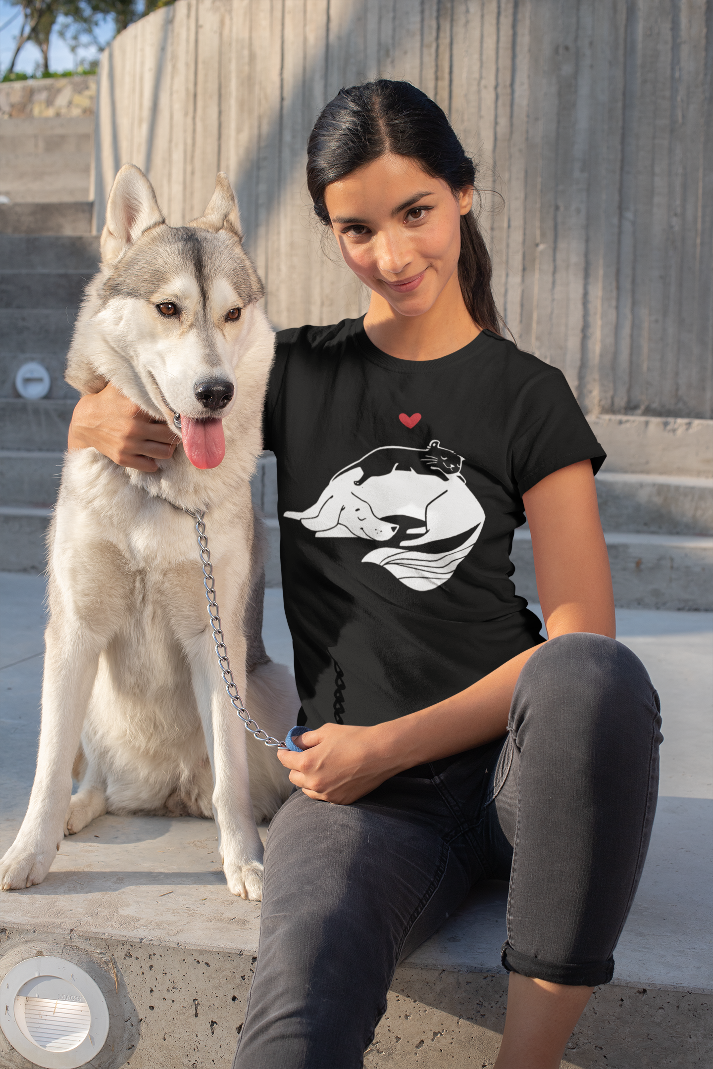 Dog and Cat Cuddling Graphic Tee