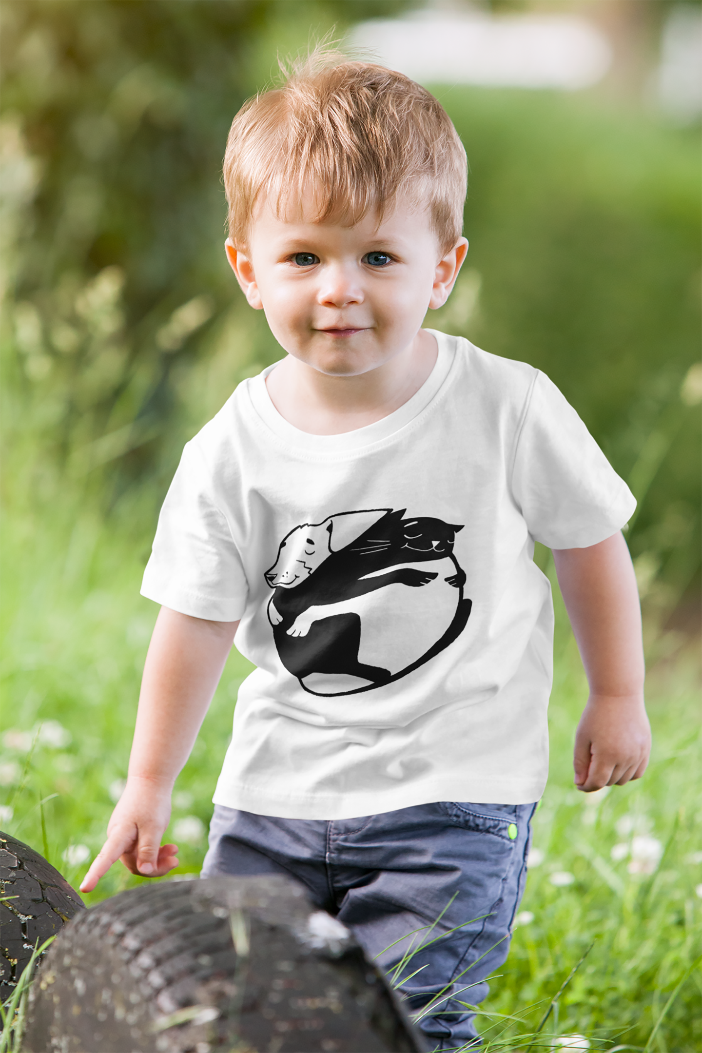 Dog & Cat Hugging Baby Graphic Tee