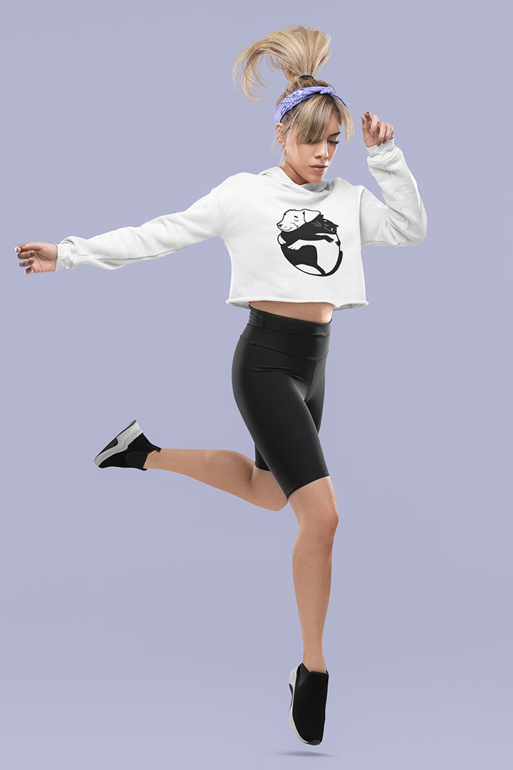 Dog & Cat Hugging Women’s Cropped Hooded Sweatshirt