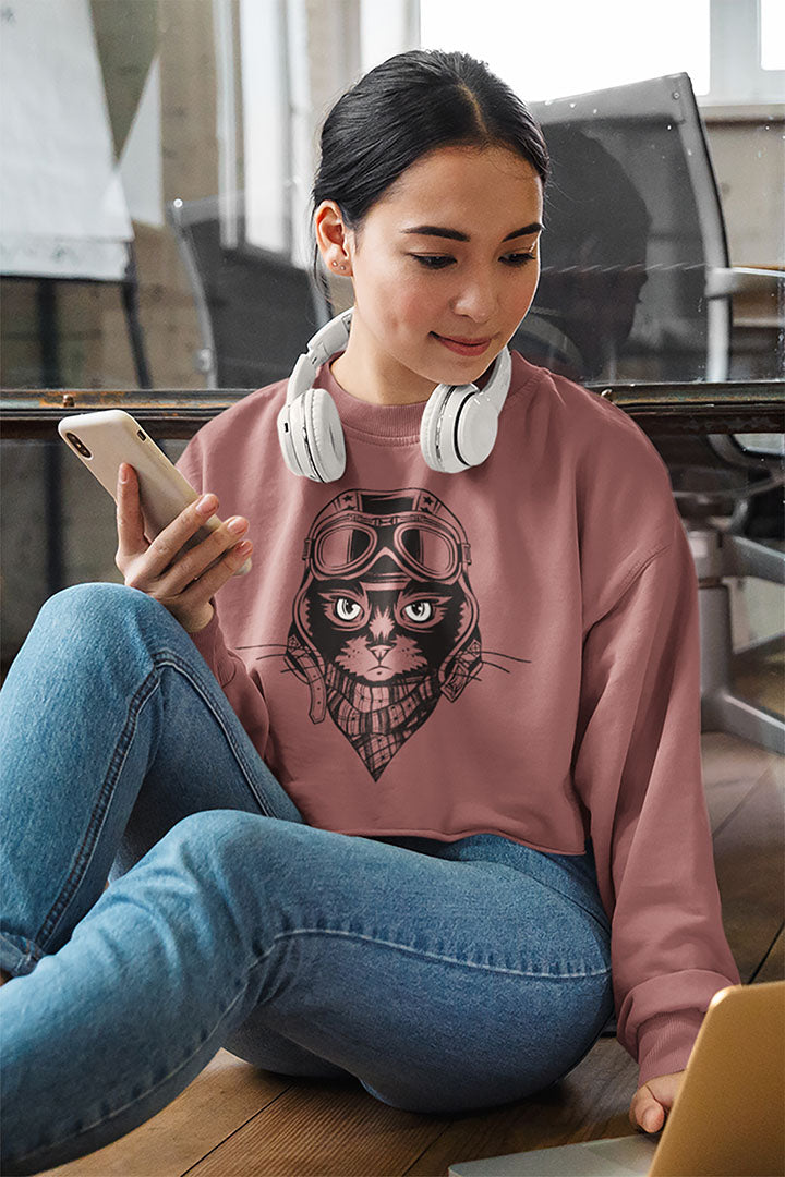 Motorcycle Cat Women's Cropped Sweatshirt