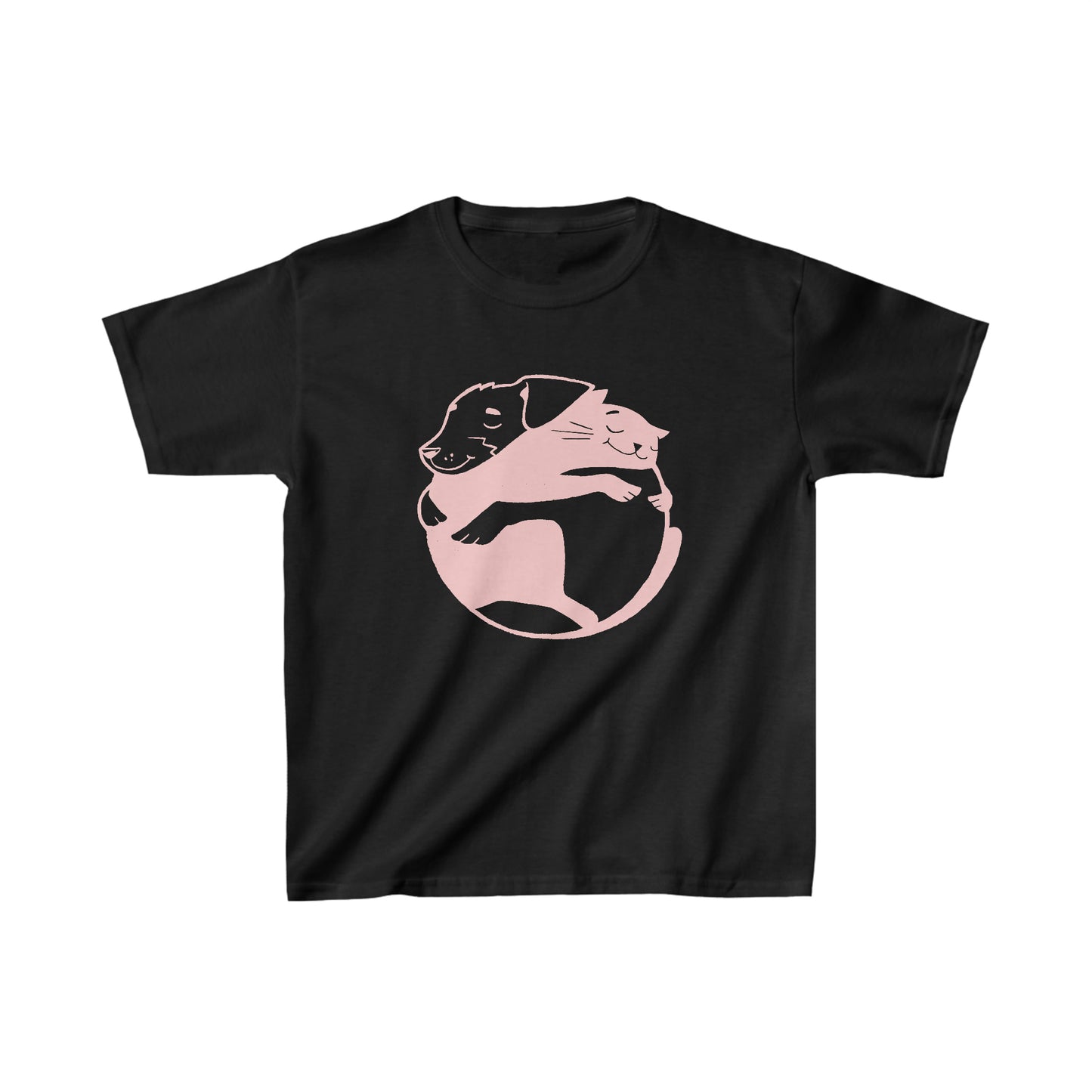 Cuddly Companions: Pink Dog & Cat Hugging Kids' Tee