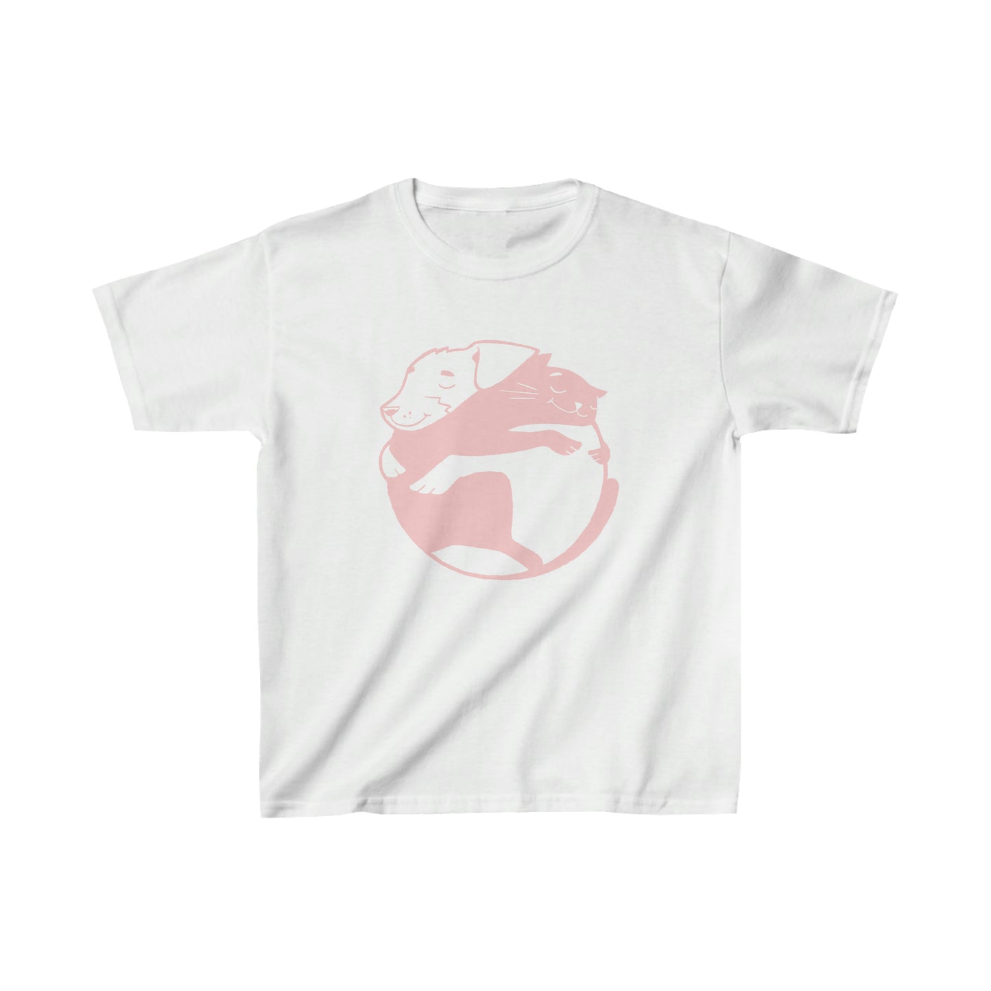 Cuddly Companions: Pink Dog & Cat Hugging Kids' Tee