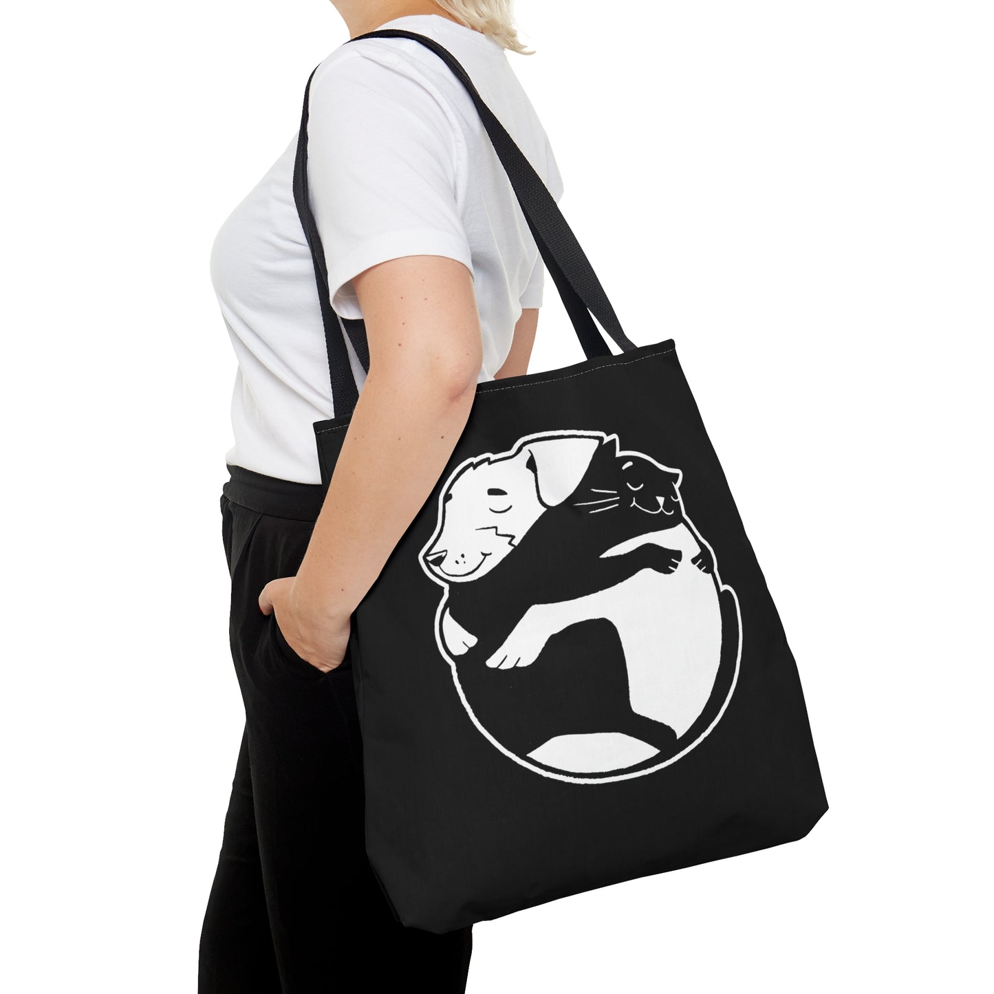 Black Dog & Cat Hugging Tote Bag