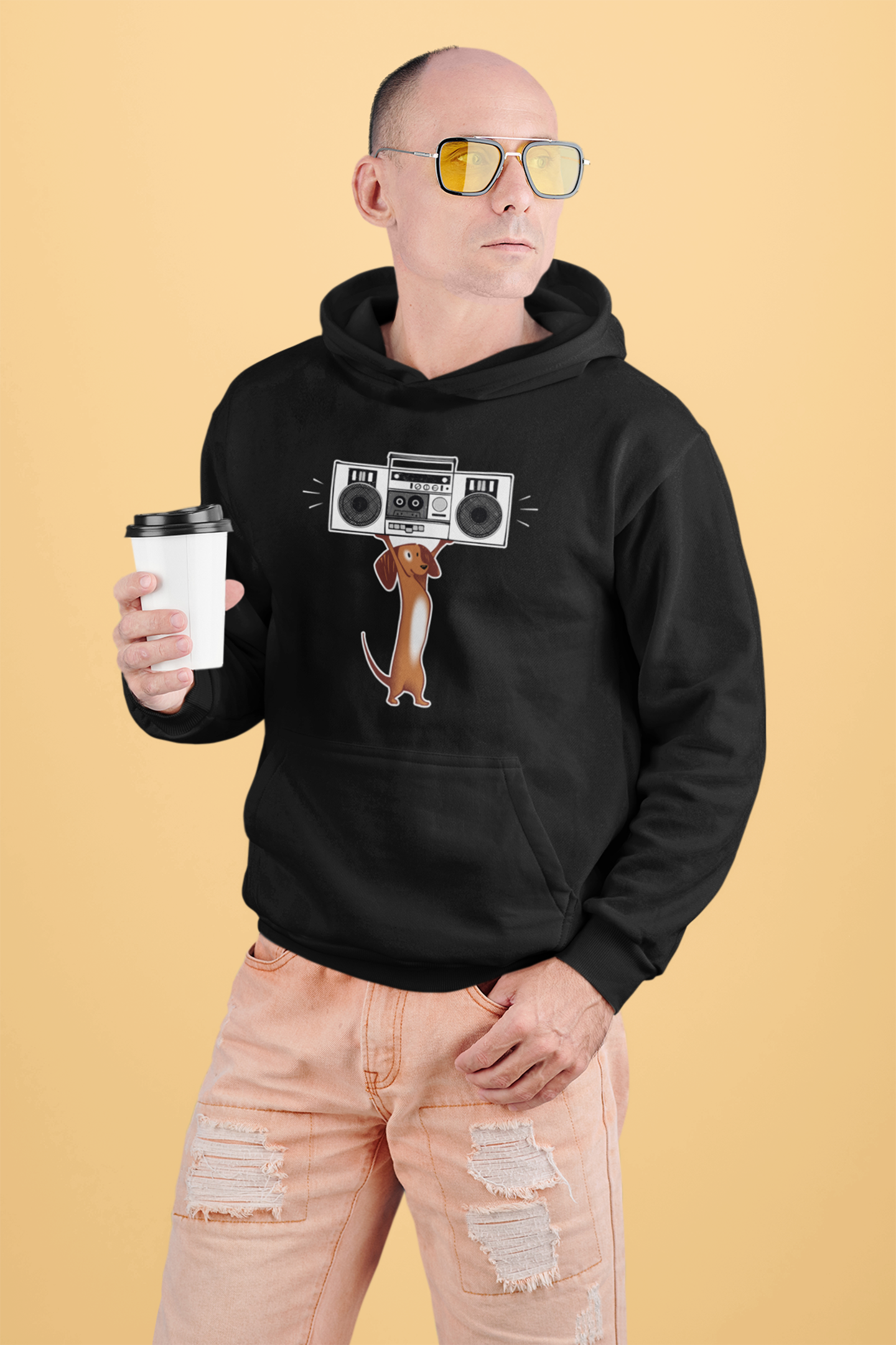 Brown Boombox Dog Men's Hooded Sweatshirt