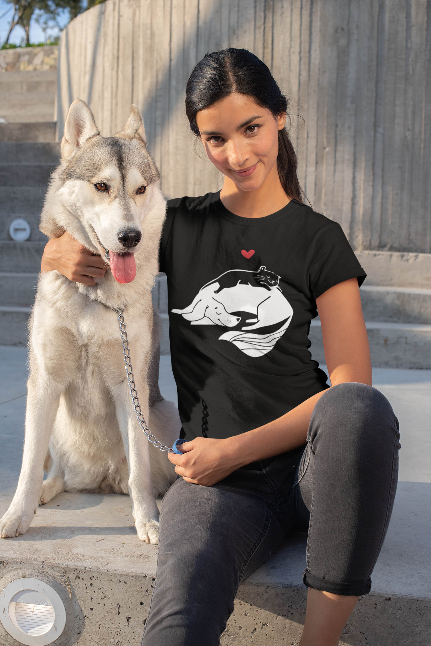 Dog and Cat Cuddling Women's Graphic Tee