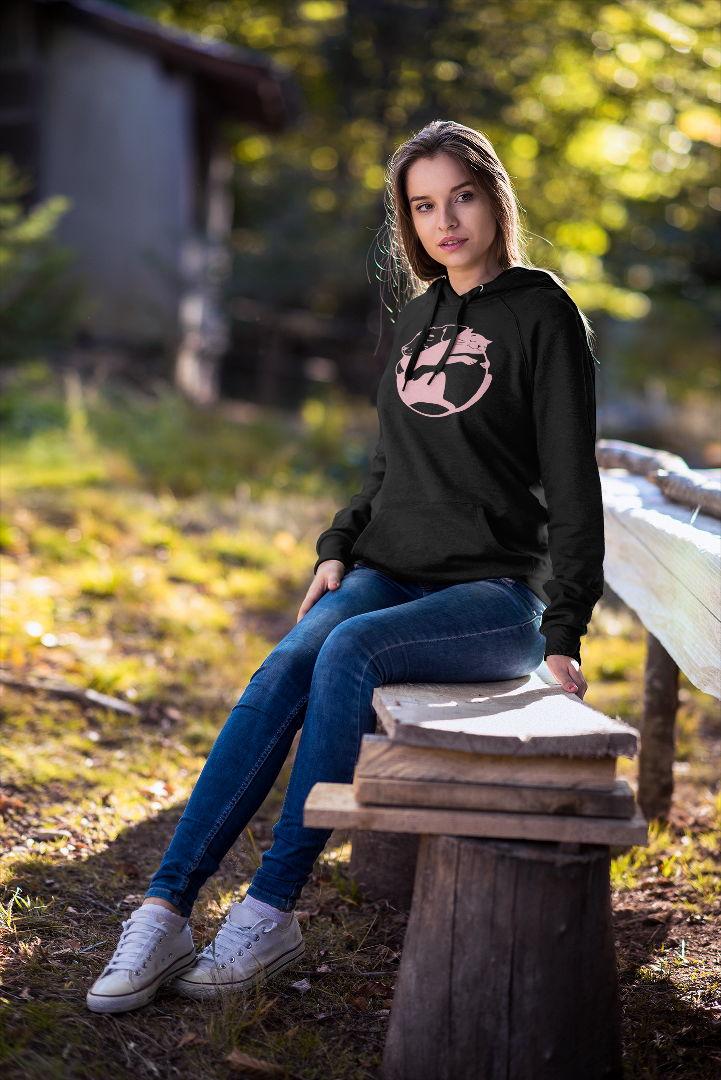 Pink Dog & Cat Hugging Women's Hooded Sweatshirt