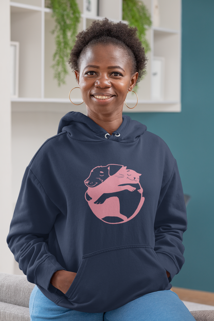 Pink Dog & Cat Hugging Women's Hooded Sweatshirt