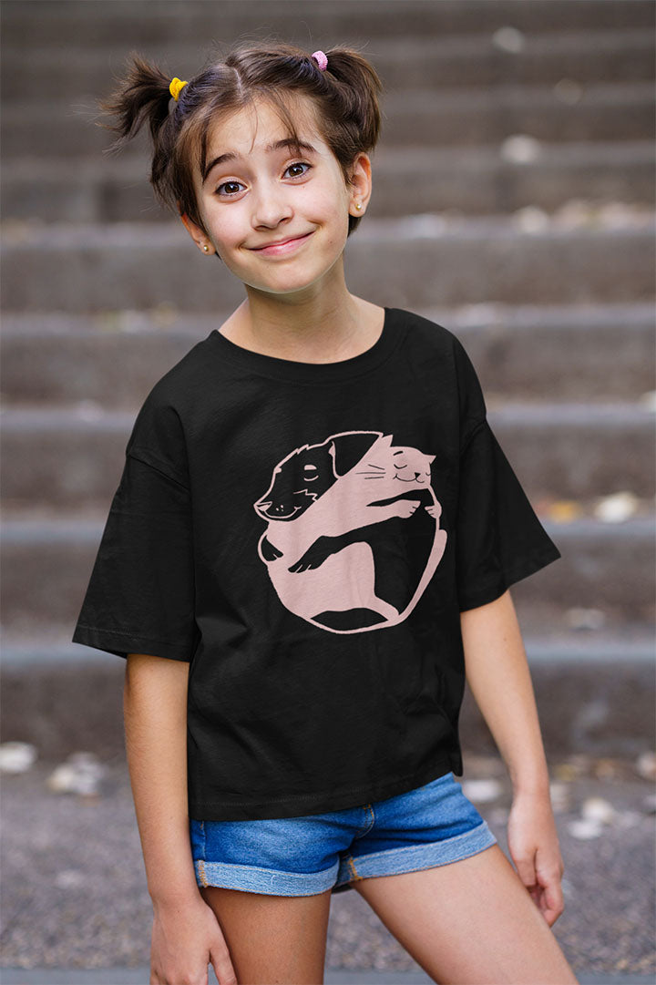 Cuddly Companions: Pink Dog & Cat Hugging Kids' Tee
