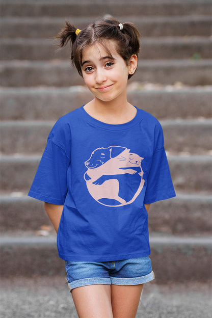 Cuddly Companions: Pink Dog & Cat Hugging Kids' Tee