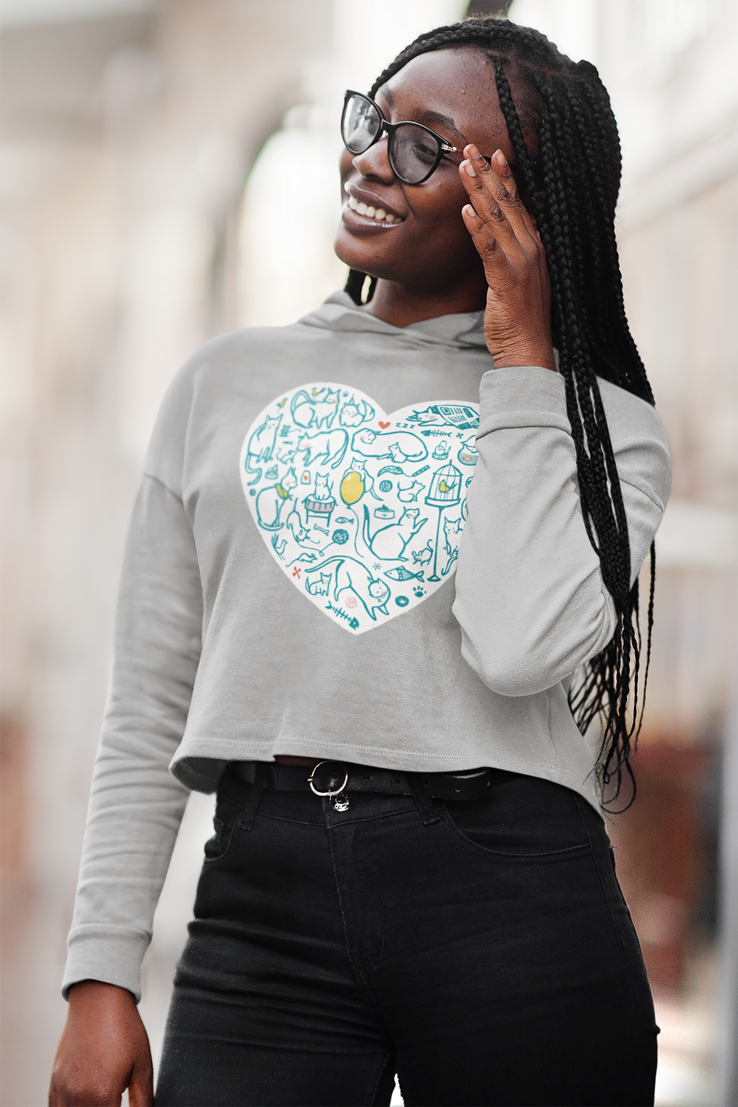 Colorful Cat Heart Women’s Cropped Hooded Sweatshirt