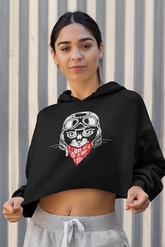 Motorcycle Cat Cropped Women's Hooded Sweatshirt